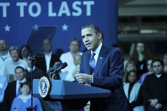 President Barack Obama speaks to Boeing employees last Friday in Everett.