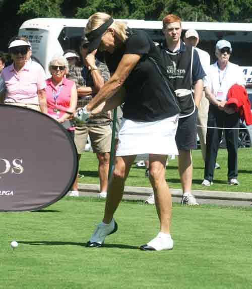 Nancy Scranton tees off to start her round on Sunday at Inglewood Golf Club.