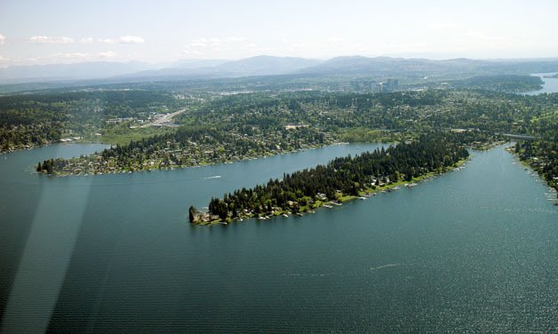 Lake Washington from a Kenmore Air seaplane looking onto Hunts Point and downtown Bellevue.