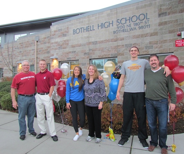 Bothell High School held a celebration on Wednesday morning for three athletes who signed National Letters of Intent to play college athletics. From left