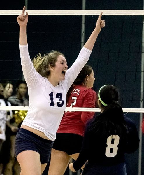 Samantha Drechsel of Cedar Park Christian celebrates a point against Archbishop Murphy in a match on Monday night.
