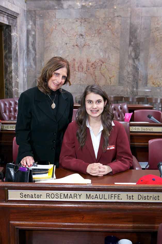 Sarah Trawczynski served Washington last week as a page in the State Senate in Olympia with Sen. Rosemary McAuliffe.