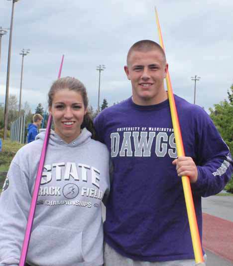 Bothell High javelin throwers Allie Hadley and Morgunn Ewing.