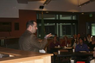 Northshore School District Superintendent Larry Francois speaks to a concerned crowd about the budget last Thursday.