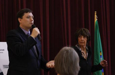 State Rep. Derek Stanford (D-Bothell) speaks alongside State Sen. Rosemary McAuliffe (D-Bothell) at the 1st Legislative District town hall March 12 at the Northshore Senior Center.