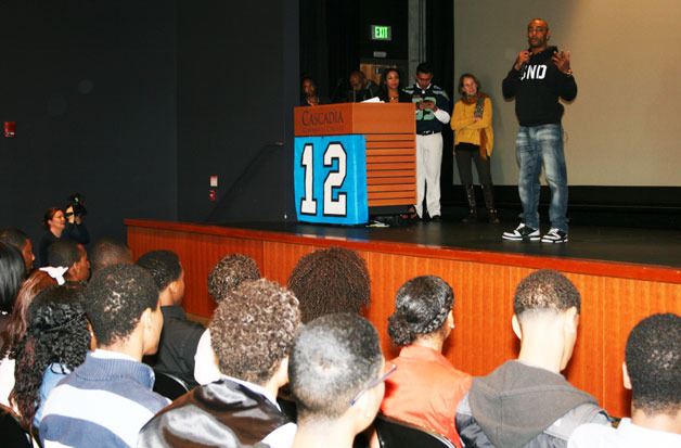 Seattle Seahawks wide receiver Doug Baldwin spoke to high school students about higher education at UW Bothell.