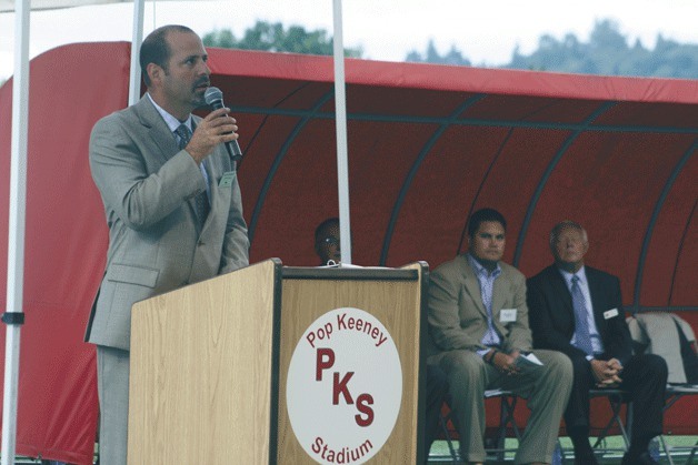 Northshore School District Superintendent Larry Francois addresses the approximately 200 in attendance for the Wall of Honor induction ceremony at Pop Keeney Stadium on Thursday.