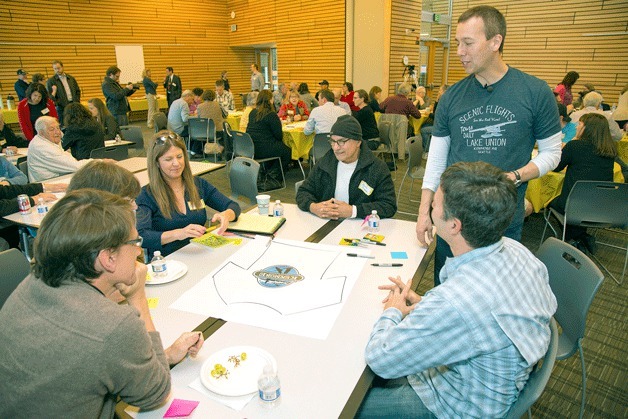 Kenmore residents work on designing a t-shirt for the city during a recent workshop hosted at Kenmore City Hall.