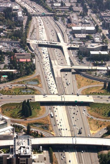 Northbound I-405 through downtown Bellevue will be closed July 13-14. Pictured is the freeway just south of the NE 12th Street bridge