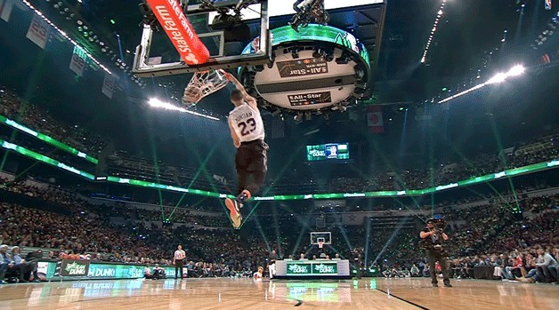 Bothell High School graduate Zach LaVine throws down a dunk during the 2015 NBA All-Star Dunk Contest at Madison Square Garden in New York