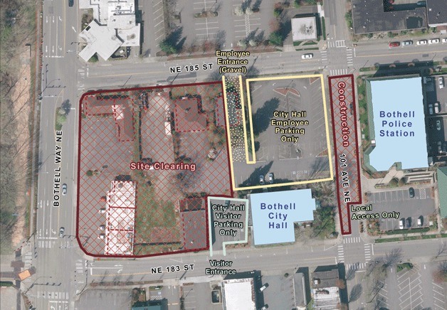 This map shows where parking will be allowed for city hall during construction this summer in downtown Bothell.