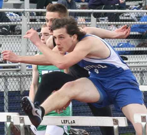 Bothell High's Trevor Nolan blazes his way to a 110 hurdles win in a personal-best 15.8 seconds yesterday at the Northshore Track Meet at Bothell High. He also won the 300 hurdles in 42.3 seconds. More photos and results to come.