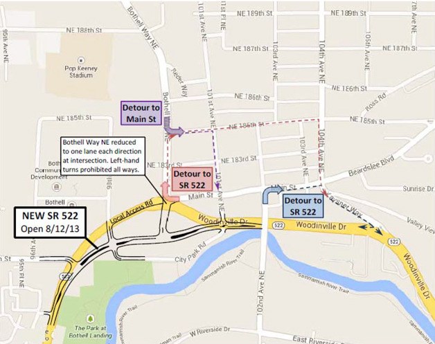 Downtown Bothell traffic detours will begin Monday as traffic shifts to the new SR 522.