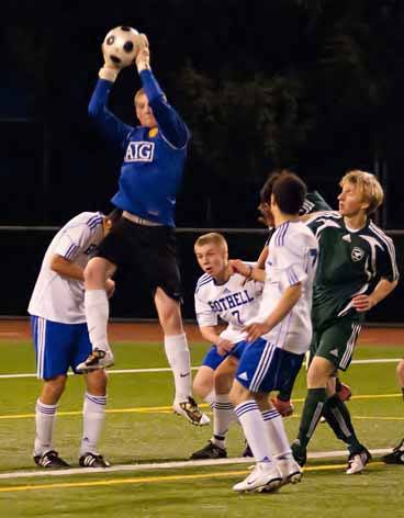 Bothell High goalkeeper Shane Lervold snags the ball en route to his team's 3-0 shutout of Redmond High last week.