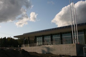 Flanked by flag poles