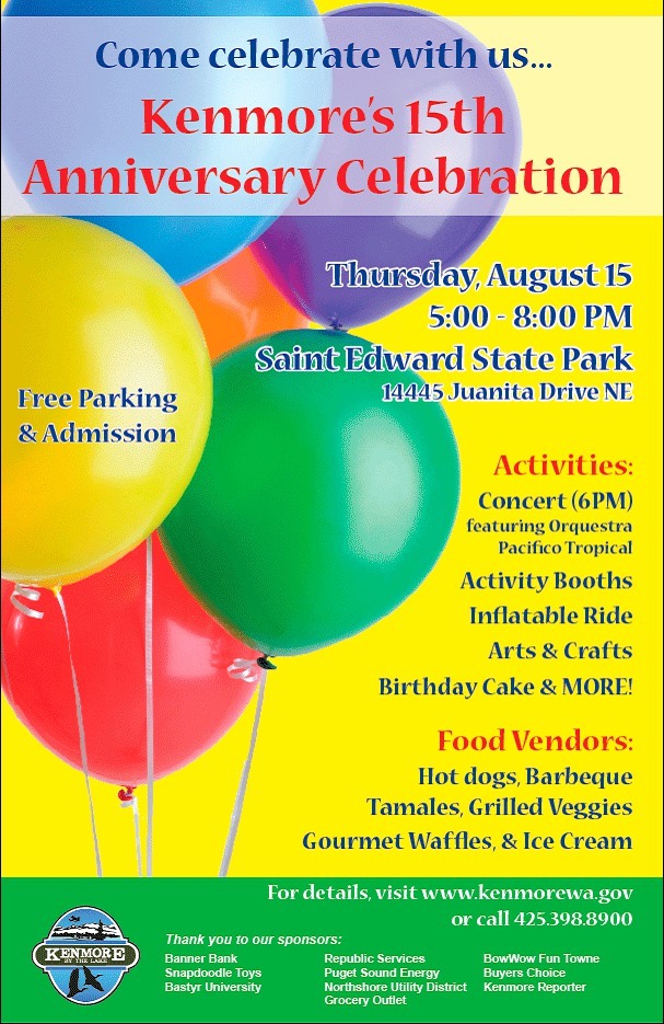 Kenmore will celebrate its 15th anniversary on Thursday during the Kenmore Concert Series at St. Edward Park.