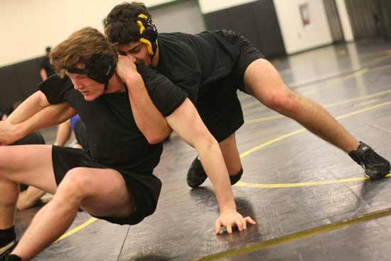 Inglemoor High wrestlers Ben Grabowski and Tyler Patrick battle it out in practice on Monday.