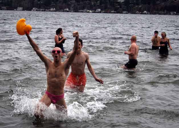 Bastyr University students participate in the 15th annual Dash to Splash event in the frigid waters of Lake Washington.