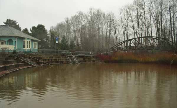 The amphitheater at the Park at Bothell Landing was filled with just under three feet of water overflowing from the slough on Sunday.