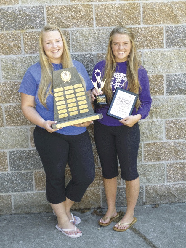 Megan McShane and Thea Snow hold the Bothell High School FBLA trophies for charitable donations.