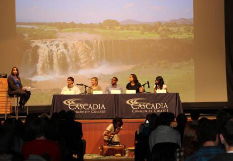 Attendees listen to student panelists at Tuesday's 'From Bothell to Ethiopia' event.