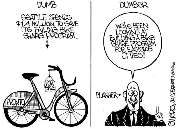 We've been looking at building a bike share program for Eastside cities | Cartoon for March 16