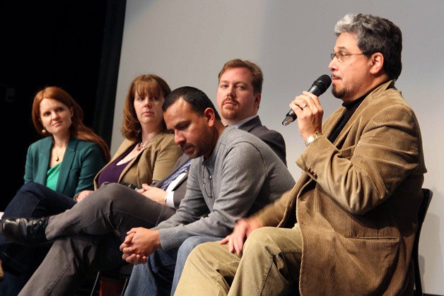Rep. Luis Moscoso adresses students and faculty at Cascadia Community College in Bothell during an event focusing on redistricting.