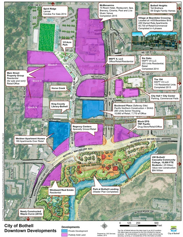 This map shows the various developments in downtown Bothell.