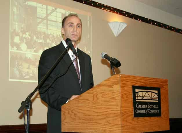 Bothell City Manager Bob Stowe gives the State of the City address to the Bothell Chamber of Commerce.