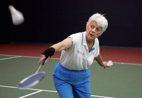 Joyce Jones shows off her badminton skills in a 2008 Reporter photo session.