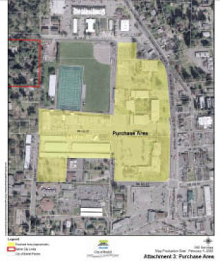 The proposed Northshore School District purchase area is highlighted in yellow. Bothell Way Northeast is to the right and 96th Avenue Northeast is to the left. COURTESY GRAPHIC