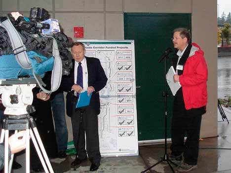 Washington State Department of Transportation Assistant Secretary of Engineering and Regional Operations Jerry Lenzi and Eastside Corridor Director Kim Henry talk about the new auxiliary lane in Bothell on Monday morning.