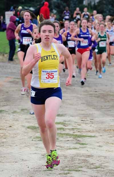 Ashley Nichols leads the way for Bentley University during a fall cross-country meet.