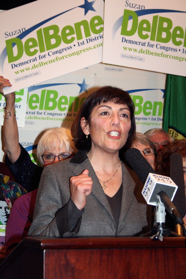 Congressional candidate Suzan DelBene speaks at the Woodmark Hotel in Kirkland during an election night party.