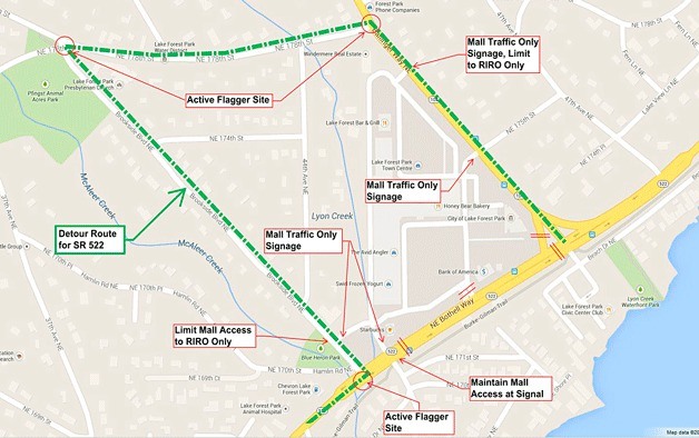 This map details the detour route for the SR 522 closure just west of Kenmore this weekend.