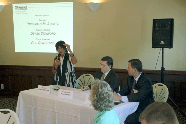 Sen. Rosemary McAuliffe addresses members of the Greater Bothell Chamber of Commerce on issues that impact Bothell and Kenmore during the organization’s luncheon on July 9.