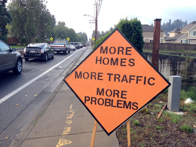 This home-made sign was posted in Bothell in protest of city-wide construction projects that are ongoing as a part of redevelopment.