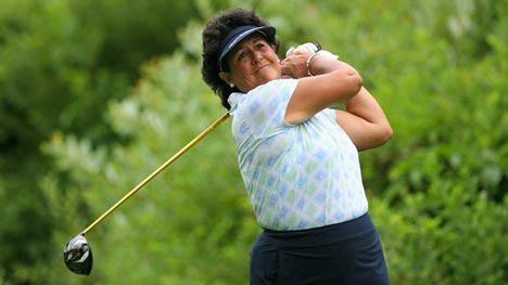 Nancy Lopez swings away at a recent tournament. She'll tee off at 12:50 p.m. this Sunday at the LPGA Legends Swing for the Cure at Inglewood Country Club.