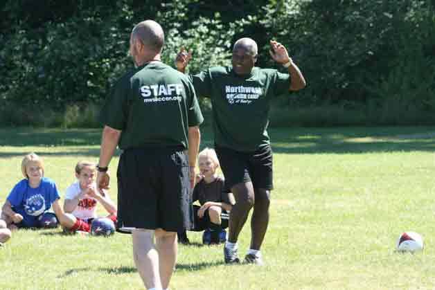 Edu dances after scoring a goal at Thursday's Northwest Soccer Camp at Bastyr University.