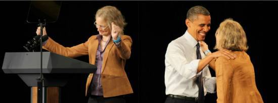 Inglemoor High biology teacher Suzanne Black introduced President Barack Obama during Thursday's visit to Seattle at the Paramount Theatre.