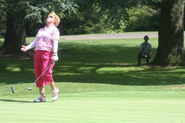 World Golf Hall of Famer JoAnne Carner reacts after missing a putt on the first hole last Sunday at the Swing for the Cure LPGA Legends Tour event at Inglewood Golf Course.
