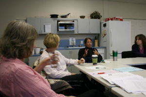 Northshore nurses and parents discuss their concerns about the Northshore School District’s proposal to reduce its number of full-time school nurses during a meeting at the Northshore Education Association office in Kenmore. Pictured are