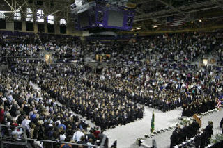 Top left: Inglemoor High graduates Carrie Williams and Austin Victor look through the curtains as they wait to participate in their school’s 43rd commencement ceremony at the University of Washington’s Bank of America Arena on June 10. Top right: Inglemoor graduate David “Monte” Chase addresses the graduating class of 2008. Middle left: Inglemoor High Chamber and Belle Voci Choirs