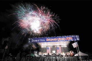 Fireworks dance above the Bellevue Philharmonic Orchestra during last year’s Independence Day celebration at Bellevue Downtown Park