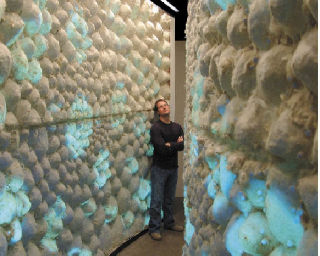 John Grade stands inside his sculpture “Cleave” — made of clay