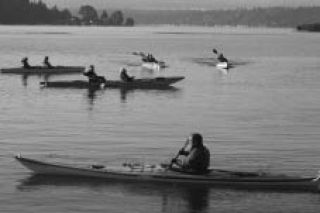 A flotilla of kayakers at Log Boom Park