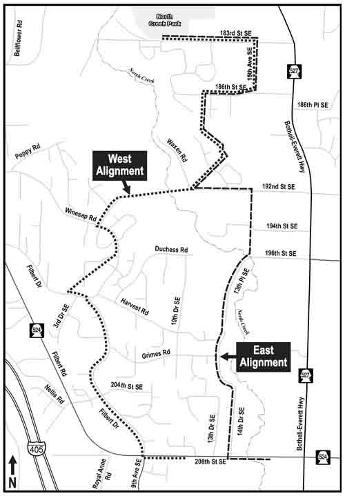 This graphic shows two possible North Creek Trail alignments.
