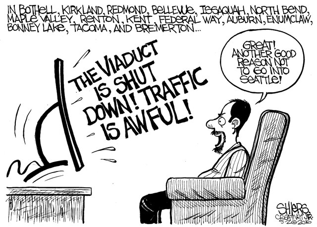 The viaduct is shut dow! Traffic is awful! | Cartoon for May 2 - Frank Shiers