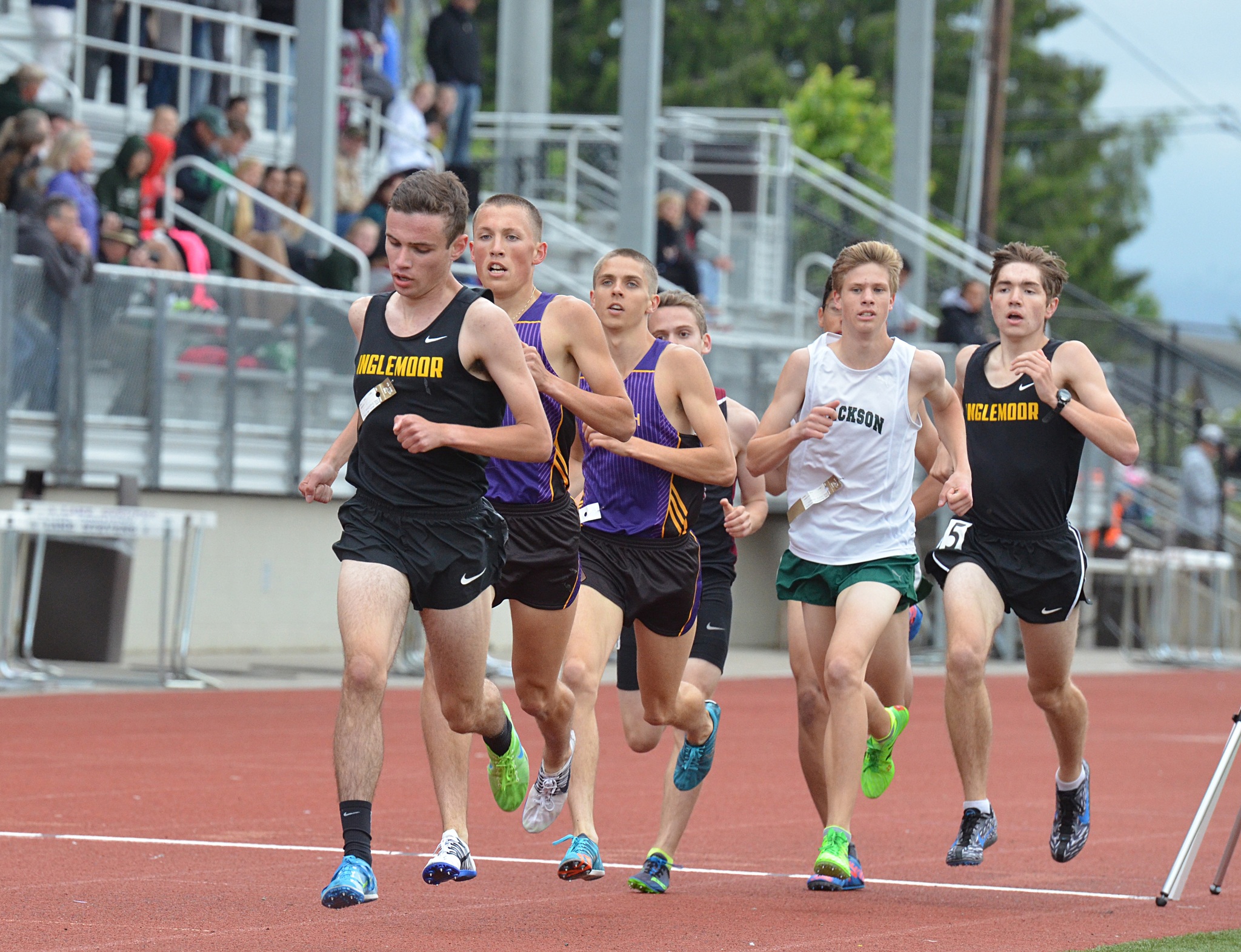 Inglemoor’s Nick Laccinole leads the field in the 1600 meters on Wednesday
