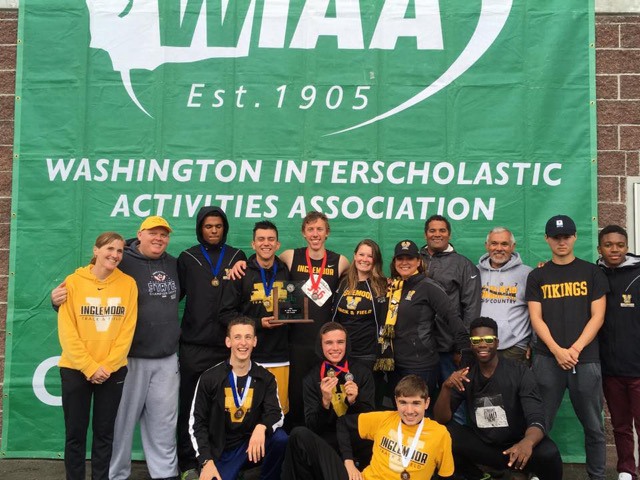 The Inglemoor High boys’ track team poses with the second-place trophy after finishing runner up at the Class 4A state championships in Tacoma. Courtesy photo.